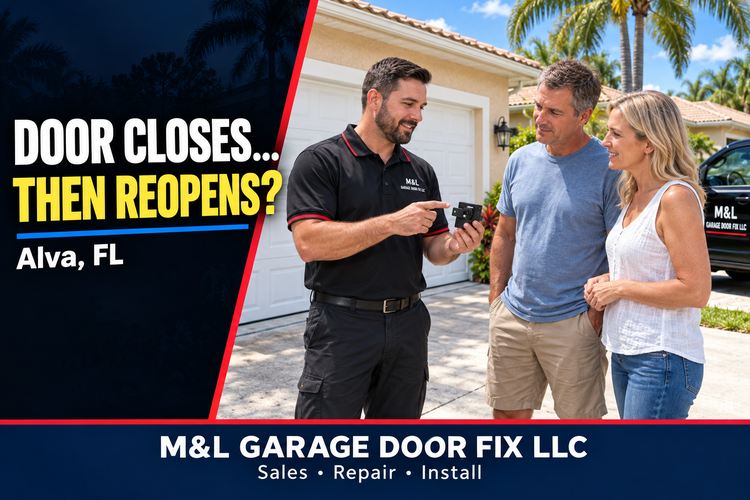 Technician explaining a garage door safety sensor to homeowners on a driveway, with “Door closes… then reopens?” and “Alva, FL