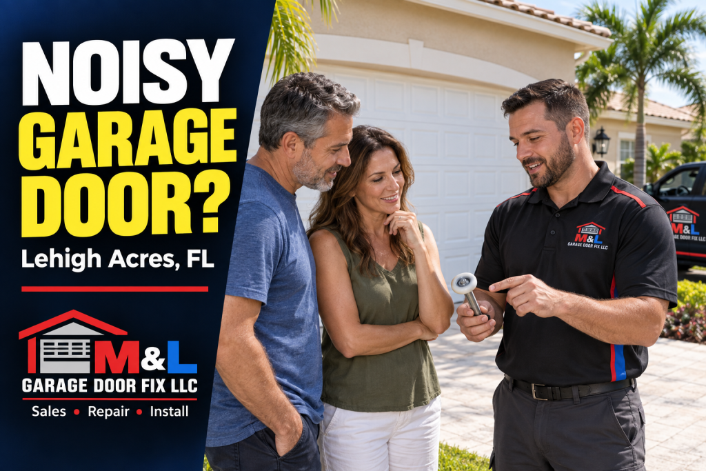Technician explaining a garage door roller to homeowners beside a white garage door, with “Noisy Garage Door? Lehigh Acres, FL